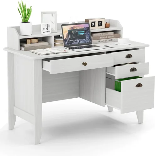 Escritorio para computadora de 48 pulgadas con 4 cajones de almacenamiento y estante superior Mesa ejecutiva de madera para PC y portátil Blanco