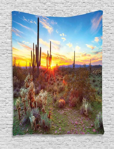 Ambesonne Saguaro Tapestry, The Sun is Setting Between The Saguaros Wildflowers in The Sonoran Desert Natural Scene Picture, Wall Hanging for