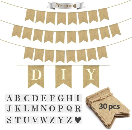 Vista 11 de Juego de 15 pancartas de arpillera personalizables en blanco para decoración de fiestas de bricolaje, uso multiocasión, no requiere montaje