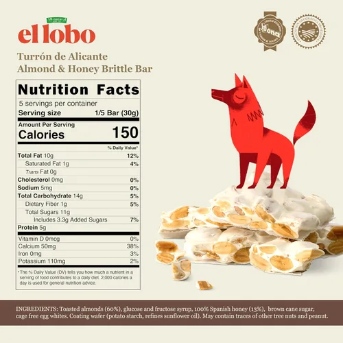Vista 2 de El Lobo Turrón, Turrón de almendras duras españolas (Turron Duro) 150 g (5.3 oz) Turrón tradicional de almendras españolas, hecho con almendras