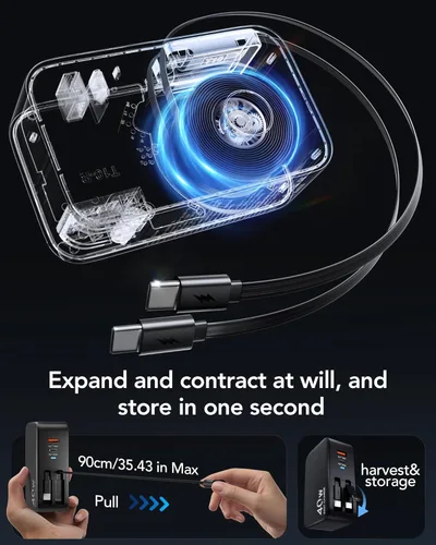 Vista 3 de Cargador de pared USB C retráctil con enchufe de pared, cables tipo C dobles de 35.5in/90cm, bloque plegable multi cargador de 40W de carga rápida