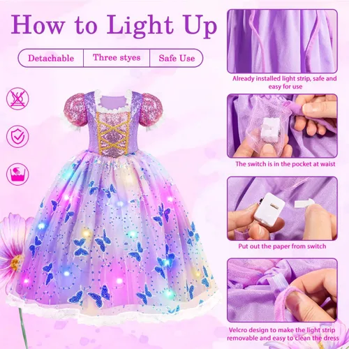 Vista 4 de Meland - Vestidos de princesa para niñas, disfraces de princesa luminosos para niñas, disfraces de Halloween para niñas de 3 a 8 años
