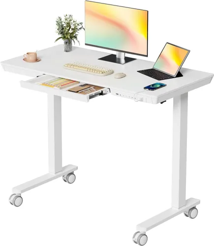 Vista 11 de Escritorio de pie de cristal de 40 pulgadas con cajón Tapa de cristal blanco