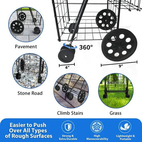 Vista 4 de Lifetime Home Carrito de compras mejorado con ruedas giratorias de 360° y forro impermeable para comestibles, ropa sucia de compras, plegable