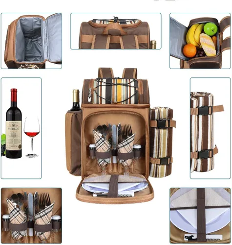 Vista 2 de Hap Tim Mochila de canasta de pícnic para 2 personas con 2 compartimentos aislados de refrigeración, soporte para vino, manta de forro de vellón