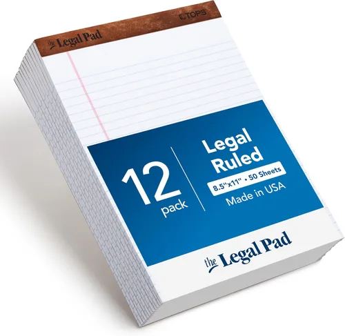TOPS Bloc de notas legales de 8.5 x 11 3/4, paquete de 12, la marca de bloc legal, rayas anchas, papel blanco, 50 hojas por bloc de escritura,