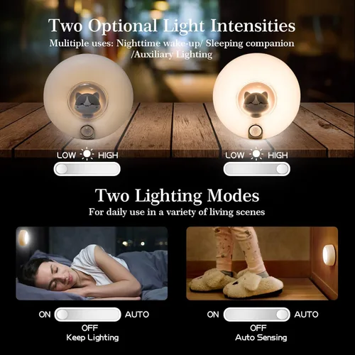 Vista 4 de Luz nocturna con sensor de movimiento de gato, luz nocturna magnética recargable inalámbrica, brillo ajustable, se pega en cualquier lugar, lámpara