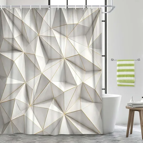 Vista 16 de JAWO Black Gold Geometric Shower Curtain, Modern Abstract Polygonal Texture Bathroom Curtain, Waterproof Fabric Bath Curtain,6pcs Hooks, 36X70 in