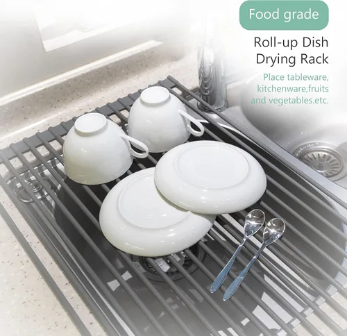 Vista 2 de Bigdata&BetterLife Escurridor de platos enrollable, simple y grande, ahorro de espacio, para cocina, plegable, recubierto de silicona, de acero Negro