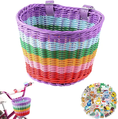 Vista 11 de Cesta delantera para bicicleta de niños, tejida a mano multicolor, para niños y niñas