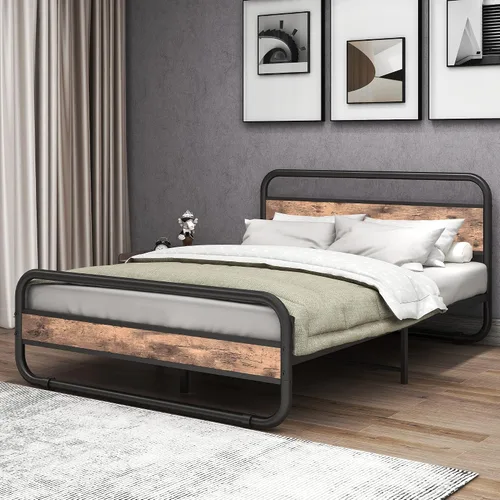 Vista 3 de Base de cama tamaño Queen con cabecera y estribo de madera, cama de plataforma ovalada resistente con almacenamiento debajo de la cama, base