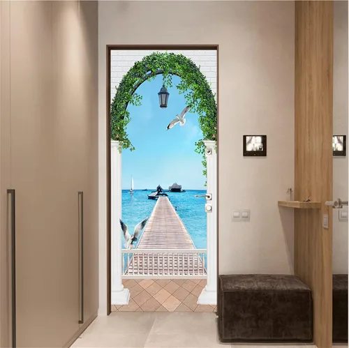 Vista 3 de artfanke Adhesivo 3D para Puerta Despegar y Pegar 30.3" x 78.7" - Papel Tapiz Autoadhesivo de Murales para Puerta - Paisaje Marino de Puente
