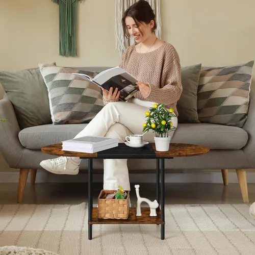 Vista 5 de ETELI Mesas de centro redondas pequeñas para espacios pequeños, mesa de centro ovalada de granja con estante de almacenamiento de 2 niveles, mesa