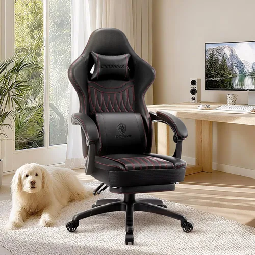 Vista 2 de Dowinx Silla de Juegos de Cuero PU Transpirable para Jugadores con Reposapiés, Soporte Lumbar de Masaje, Silla de Computadora Reclinable Ergonómica