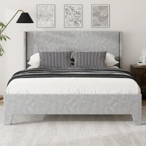 Vista 3 de Base de cama Queen con cabecera tapizada de piel sintética, resistente al desgaste, fácil de limpiar, base de colchón, no requiere somier, fácil Gris