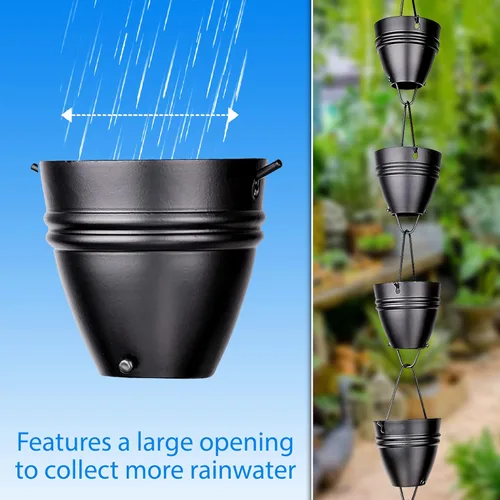 Vista 4 de Cadena de lluvia de rayas gemelas de 8.5 pies, aluminio recubierto de polvo negro, elegantes cadenas de lluvia para canaletas