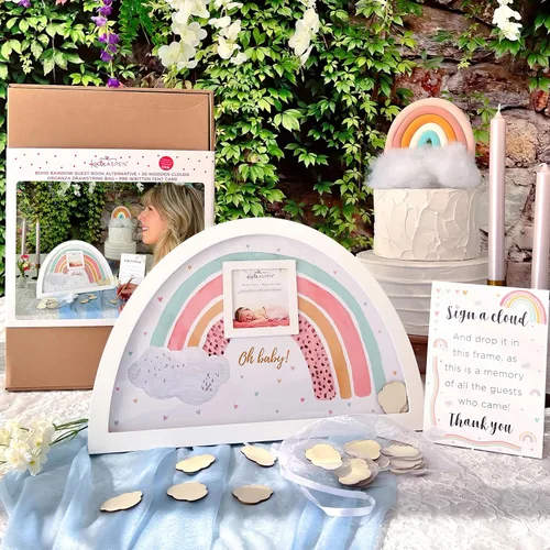 Vista 2 de Kate Aspen Boho Baby Shower Guest Book Alternative Rainbow Frame with 30 Wooden Clouds, Frame for Sonogram Picture, Rainbow Baby Shower Decorations