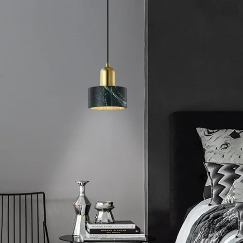 Vista 2 de Nordic Retro Single Head Chandelier Modern Brass Pendant Lamp with Natural Marble Shade Minimalist Hanging Light for Bedroom Bedside Dining Room