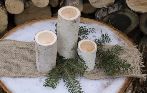 Vista 3 de Juego de portavelas de madera de abedul blanco rústico, decoración de centro de mesa de troncos naturales para bodas, vacaciones o uso diario, juego