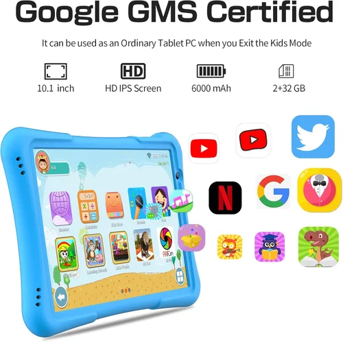 Vista 3 de PRITOM Tableta para niños de 10 pulgadas Android 14, 32GB, Quad-Core, 6000mAh, pantalla IPS HD grande, WiFi 6, cámara dual, Bluetooth, Tableta