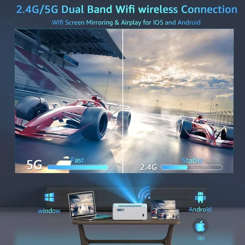 Vista 3 de Native - Proyector Bluetooth WiFi 1080P 5G, proyector de película portátil para exteriores de 1200ANSI, compatible con 4K, proyector de video