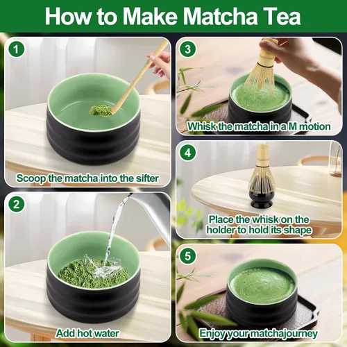 Vista 4 de Kit de inicio de matcha de 4 piezas – Tazón de cerámica matcha, batidor de bambú, cuchara y soporte – Juego de té matcha tradicional japonés
