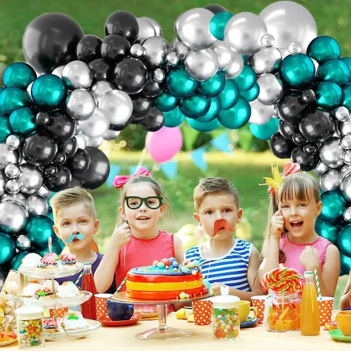 Vista 5 de Kit de arco de guirnalda de globos color verde azulado, kit de globos azul turquesa, globo negro plateado metálico para cumpleaños, baby shower, boda