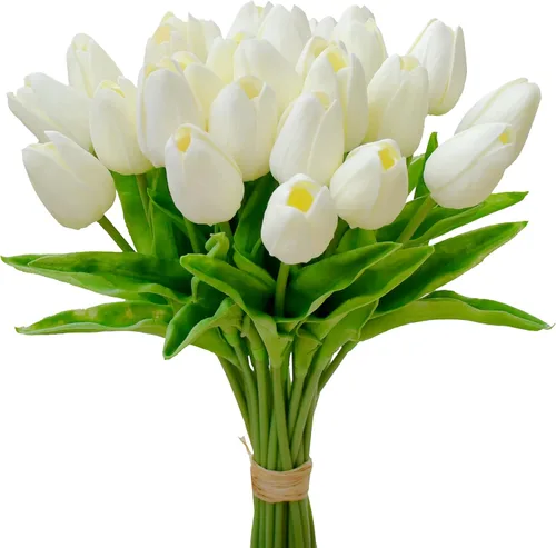 Vista 41 de Mandy's - 20 flores blancas artificiales de seda de tulipán artificial de 13.5 pulgadas para Año Nuevo, primavera, Día de la Madre, Pascua, Día