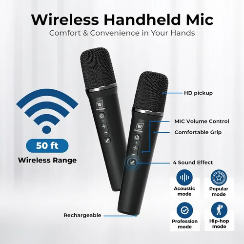 Vista 5 de Amplificador de voz con 2 micrófonos inalámbricos, altavoz Bluetooth portátil de 70 W con micrófono, sistema de altavoces PA pequeño, máquina