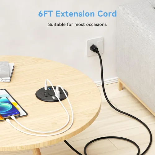 Vista 7 de BTU Ojal de alimentación de escritorio con PD de 20 W USB C de carga rápida, enchufe de alimentación empotrado con 2 salidas de CA, regleta