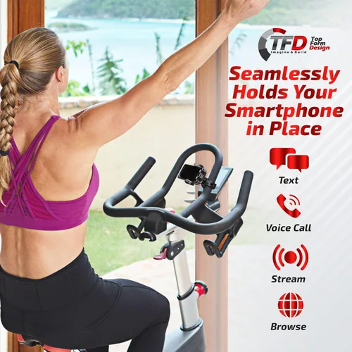 Vista 4 de TFD Soporte de teléfono celular para bicicleta – Soporte lateral extensible para bicicleta – Accesorios Peloton compatibles con rotación de 360°