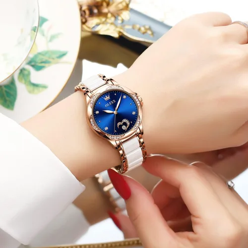 Vista 4 de OLEVS Relojes mecánicos automáticos para mujer, caja de diamantes de cerámica de oro rosa, resistente al agua, luminosos relojes de pulsera