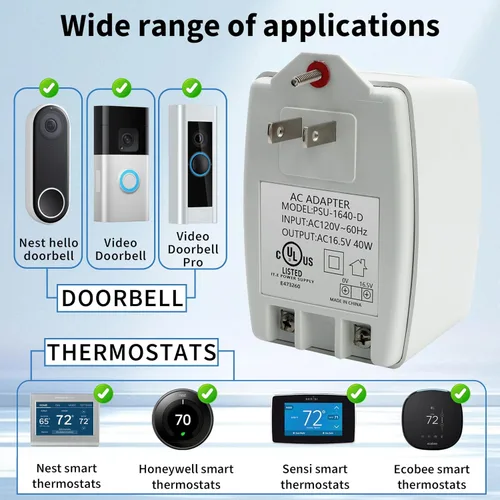 Vista 2 de Timbre de puerta de 16.5 V 40 VA enchufable de reajuste automático de transformadores de CA de seguridad, compatible con Ring Video Doorbell Pro