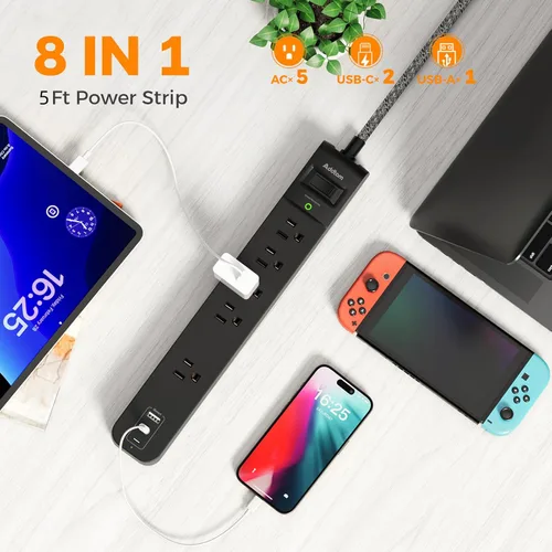 Vista 2 de Paquete de 2 Regletas de Protección contra Sobretensiones - Regleta USB C, Cable de Extensión Plano con 5 Puertos Ampliamente Espaciados y 3 USB