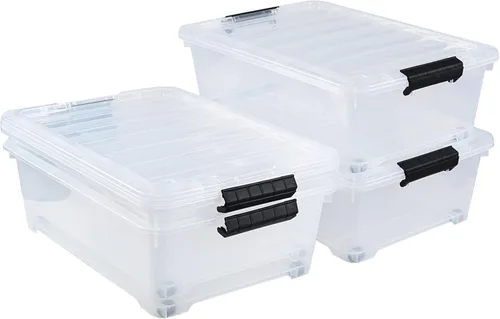Vista 8 de Paquete de 3 cajas de almacenamiento de plástico para debajo de la cama, caja de almacenamiento apilable transparente de 40 cuartos de galón, caja