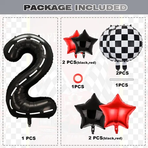 Vista 2 de Globos de fiesta de segundo cumpleaños de auto de carreras, dos globos de letras rápidas de 40 pulgadas, globo de número 2 negro para decoración
