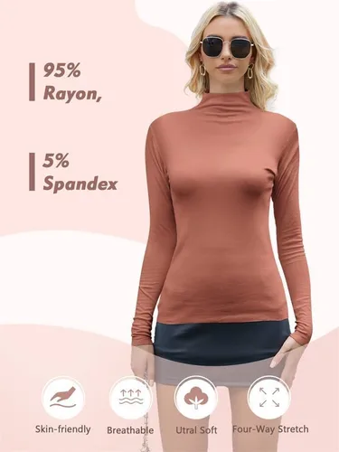 Vista 2 de EXCELLENT THERMAL Camisetas de manga larga con cuello alto falso para mujer, ajuste delgado, capa base suave, ropa interior térmica