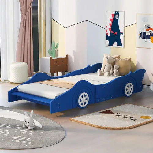 Vista 34 de Cama de plataforma en forma de auto de carreras con ruedas, cama de plataforma de madera tamaño individual con barandilla, cama de plataforma