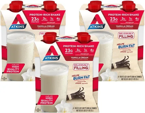 Atkins Batido de proteína tamaño comida con crema de vainilla, 23 g de proteína, bajo en glucemia, 3 g de carbohidratos, 1 g de azúcar, amigable con