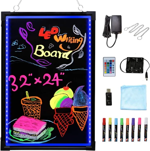 Voilamart Pizarra LED para escribir mensajes, 32 x 24 pulgadas, intermitente iluminado, borrable, pizarra de mensajes LED, efecto neón, tablero de