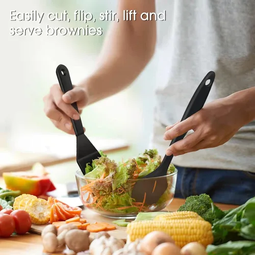 Vista 5 de Juego de 2 espátulas para servir de silicona, espátula ranurada resistente al calor, para cocinar en la cocina. (negro)