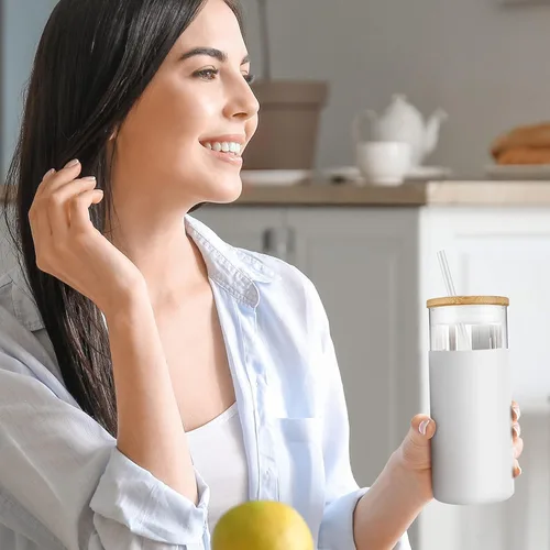 Vista 7 de Tronco - Vaso de vidrio de 24 onzas, con pajita de silicona y tapa de bambú, libre de bisfenol A