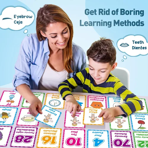 Vista 4 de Edulok Tarjetas flash bilingües: español a inglés, primeras palabras y tarjetas flash del alfabeto para niños pequeños que aprenden español e inglés