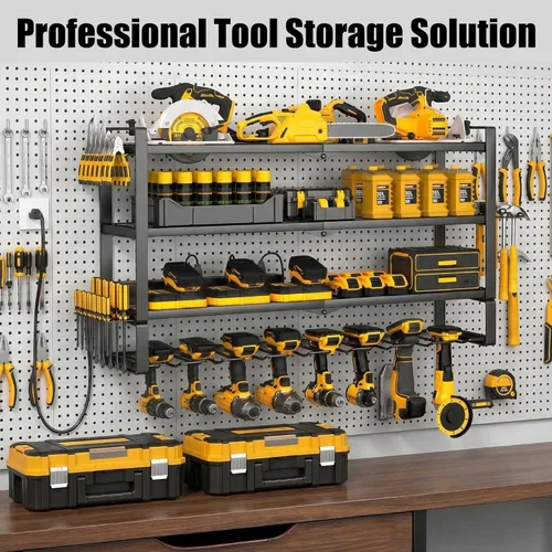 Vista 6 de MOOMSINE Large Power Tool Organizer Wall Mount with Charging Station, 400lbs Metal Storage Rack with 8 Cordless Drill Holder, 4 Tier Heavy Duty