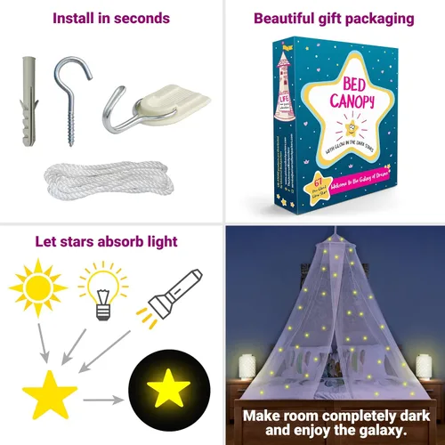 Vista 5 de Dosel para cama de niñas con estrellas pre-pegadas que brillan en la oscuridad - Red mosquitera de princesa decoración de habitación - Tienda