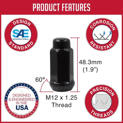 Wheel Accessories Parts 24 tuercas de rosca M12 x 1.25 12 x 1.25 roscas de bellota de 1.90 pulgadas de largo, color negro, cromado, 3/4 pulgadas,