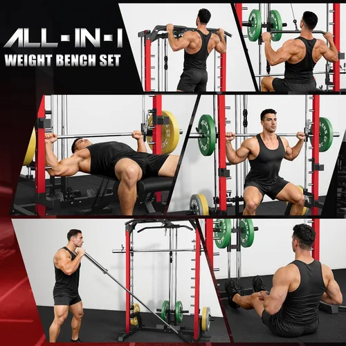 Vista 2 de JELENS SR01 Smith Machine, jaula de potencia multifunción de 2000 libras con sistema de extracción LAT, estante para sentadillas todo en uno