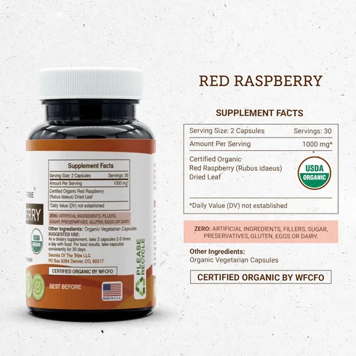 Vista 4 de Secrets of the Tribe Red Raspberry USDA Organic 60 cápsulas Fabricado con cápsulas vegetarianas orgánicas y frambuesa roja orgánica (Rubus idaeus)