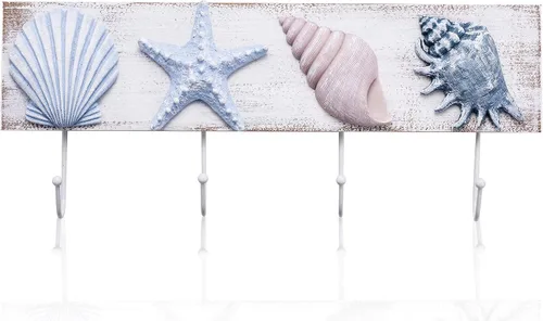 TideAndTales - Ganchos de pared para decoración de playa, conchas marinas, toallero para baño, dormitorio o cocina, 4 ganchos fuertes, decoración de