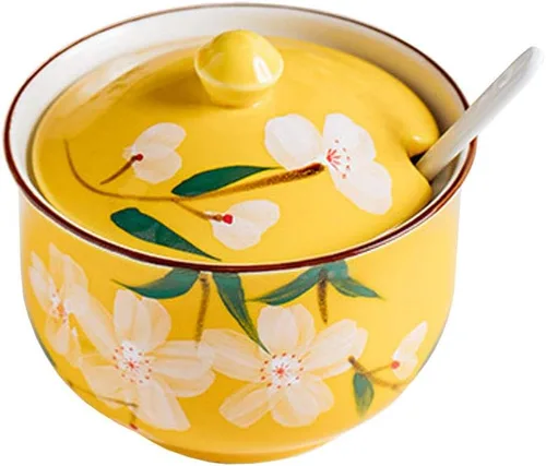 Vista 7 de Pintado a mano flor cerámica condimento tarro condimento olla azucarero con tapa y cuchara-azul